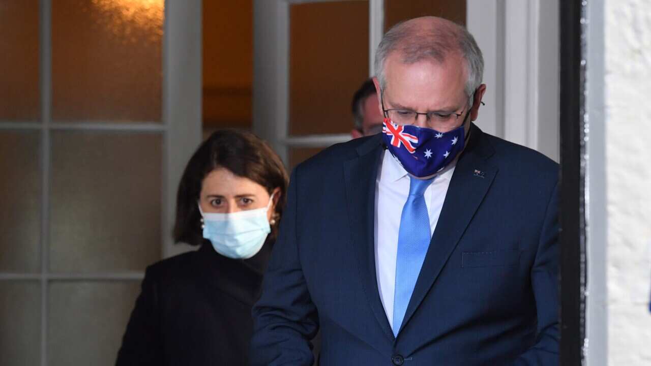 Prime Minister Scott Morrison and NSW Premier Gladys Berejiklian at Kirribilli House in Sydney in July