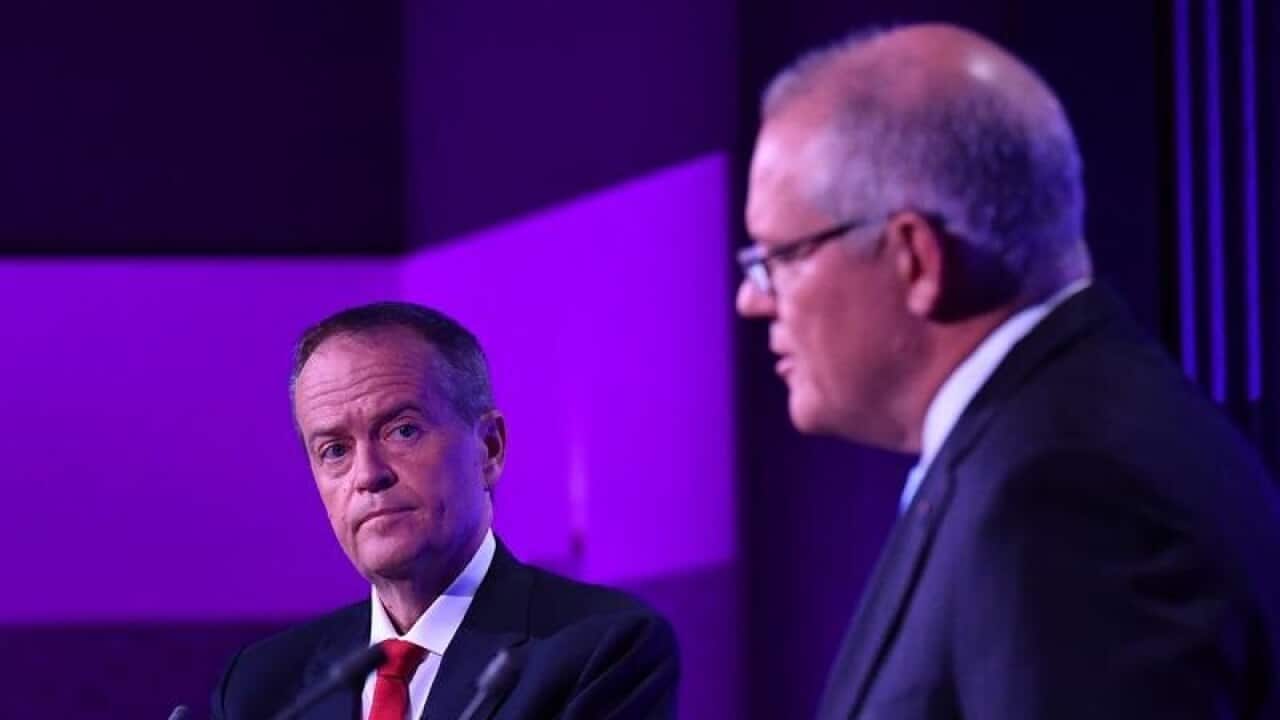 Bill Shorten and Scott Morrison at the NPC leaders' debate.