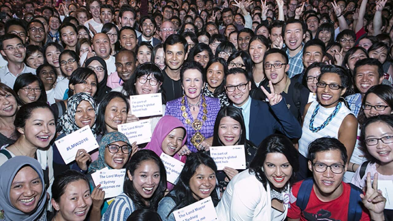 Sydney - March 16, 2016: Lord Mayor of Sydney Clover Moore poses for a photo with international students (photo by Jamie Williams/City of Sydney)