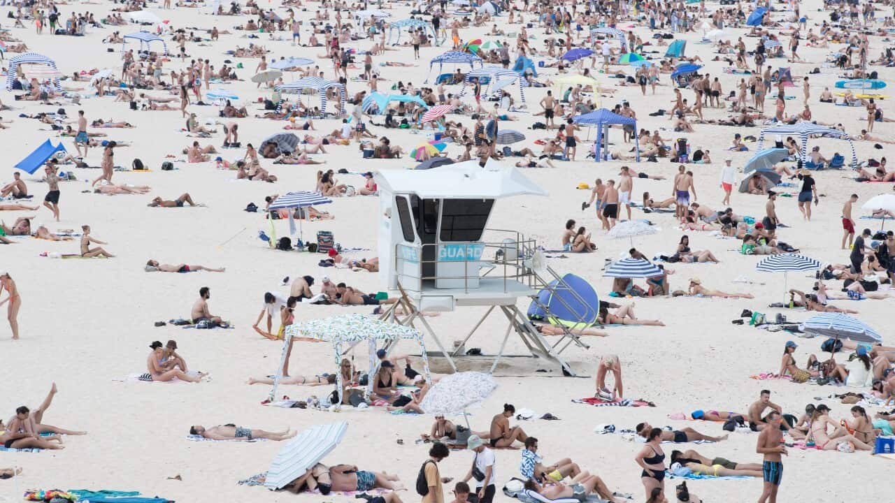Dozens of people can be seen either standing on beach sand, sitting on beach towels or under umbrellas. A lifeguard tower is in the middle of this.