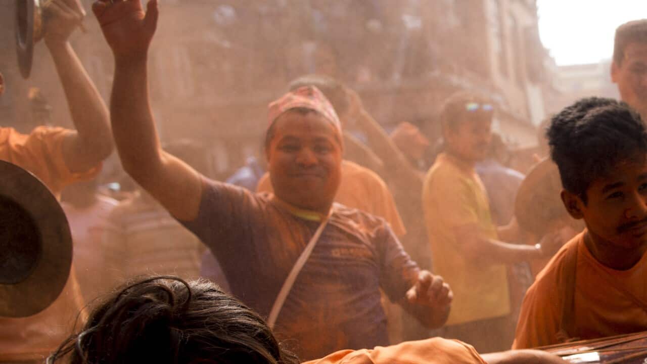 The Bisket festival is celebrated to mark the Nepali New Year 2076, especially in the ethnic Newar communities in Bhaktapur. During the festival ethnic newar devotees carrying a chariot of Hindu gods and goddesses and smear vermilion-color powder on each