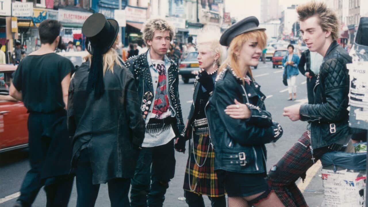 A group of punks loitering on the road in Camden, London