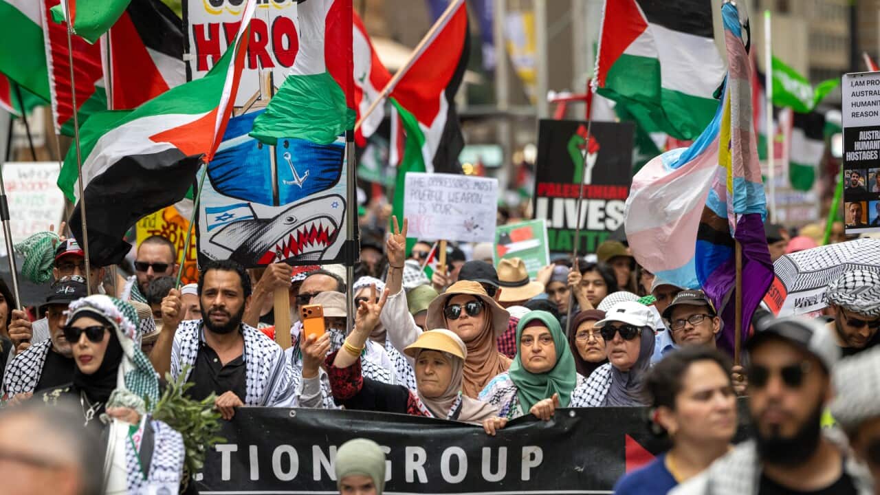 Protesters march at a pro-Palestinian rally.