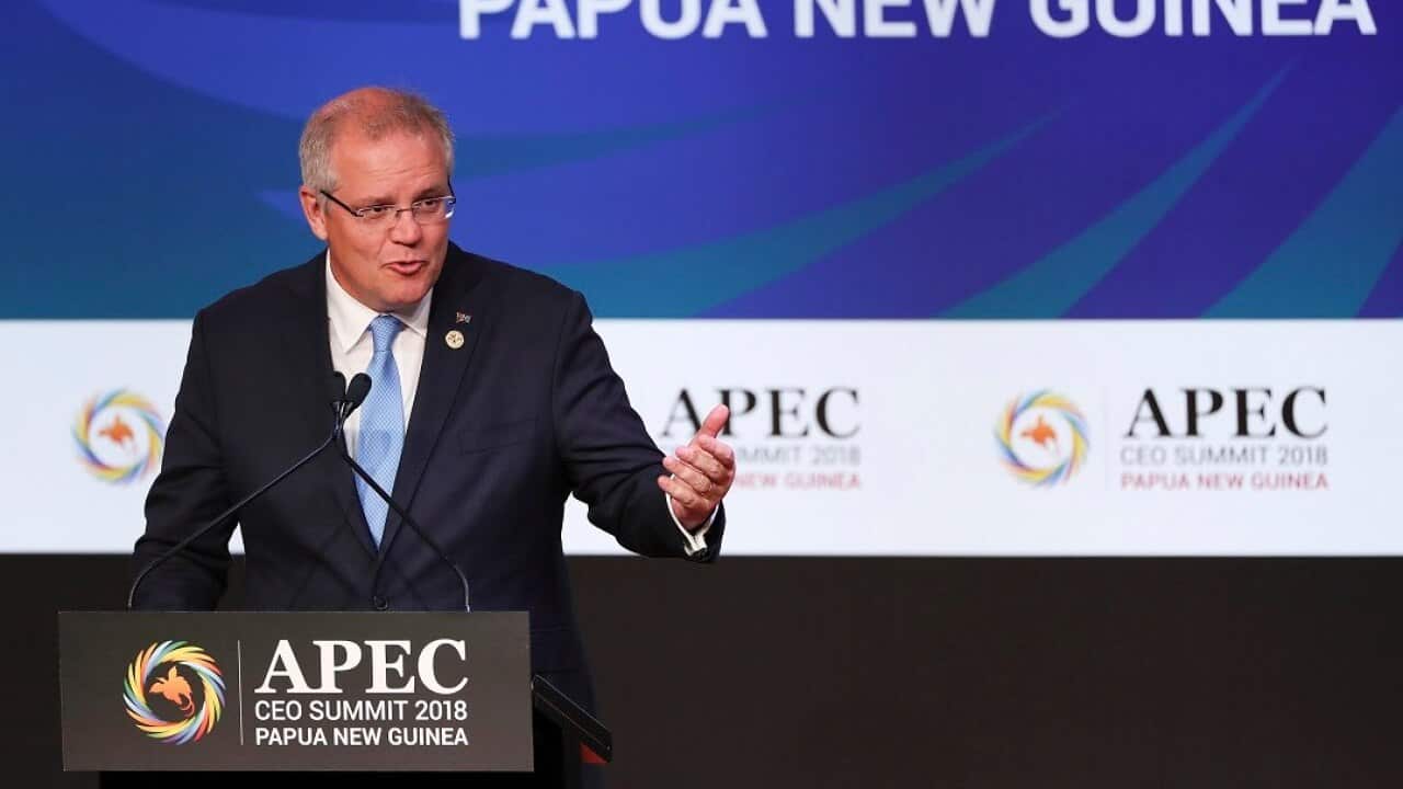 Prime Minister of Australia Scott Morrison delivers his speech at the APEC CEO Summit 2018.