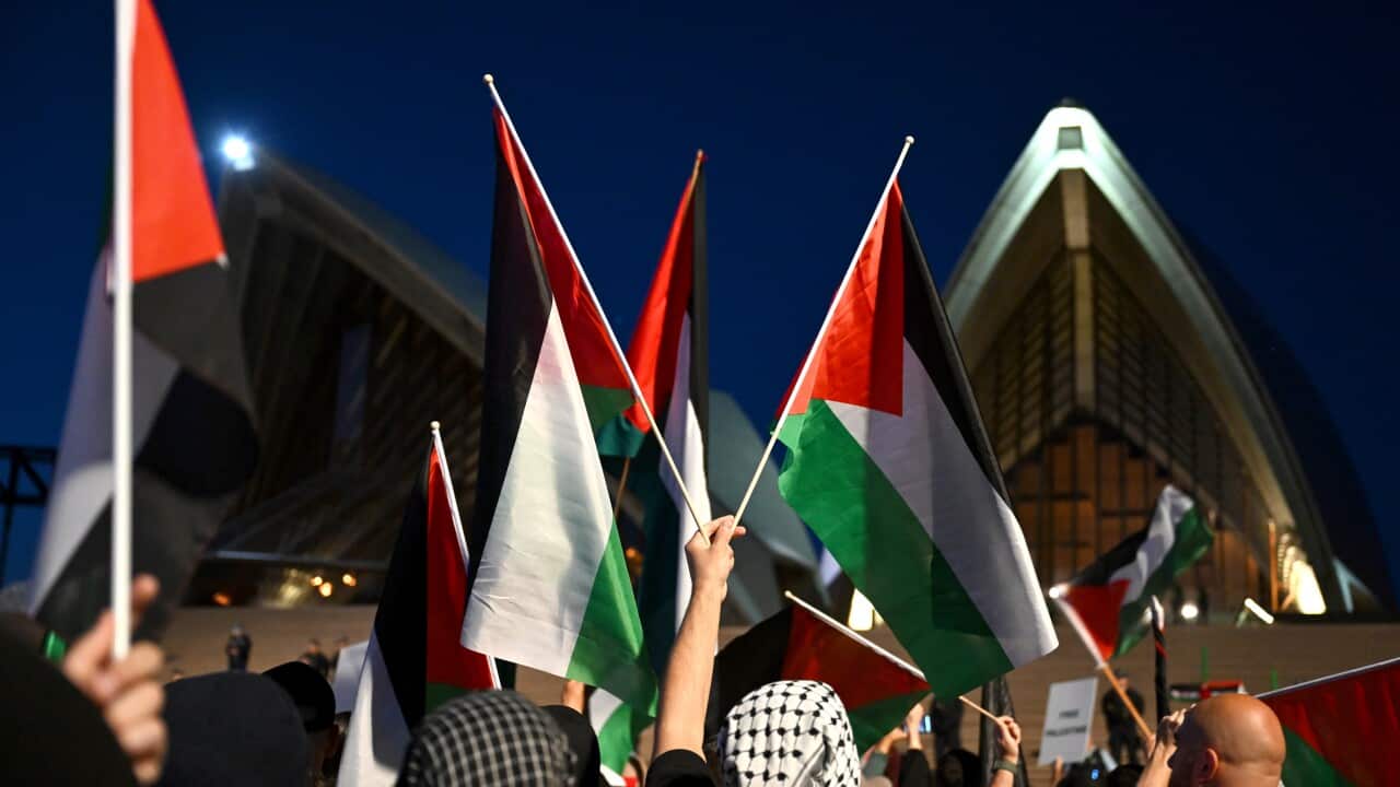 A group of people waving Palestinian flags outside the Sydney Opera House.