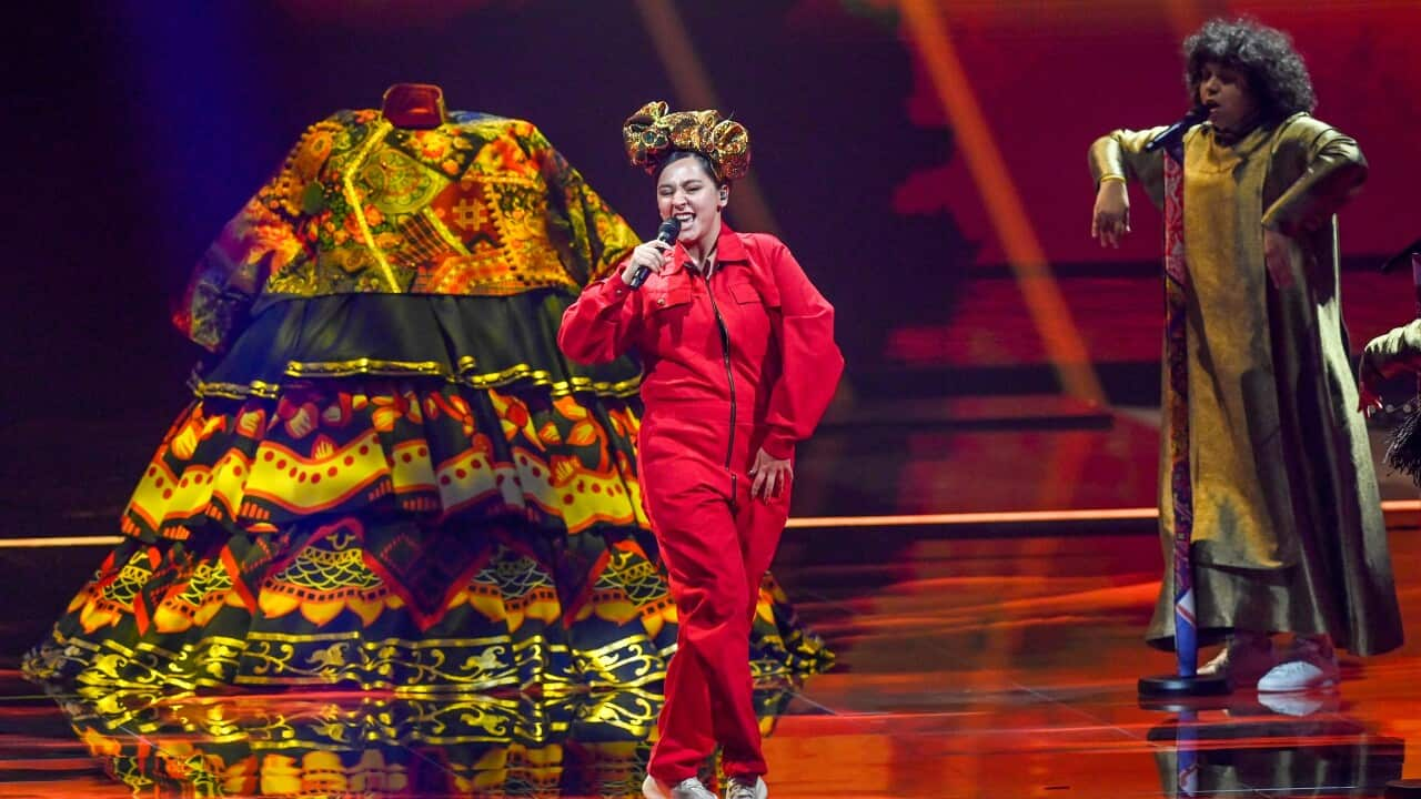 Manizha (Russia) during the first dress rehearsal of the first semifinal of the Eurovision Song Contest 2021 at Ahoy arena in Rotterdam, Netherlands. (Photo by DPPA/Sipa USA)