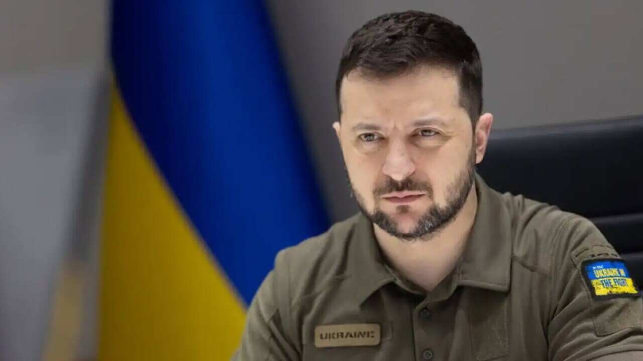 A handout photo made available by the Ukrainian Presidential Press Service shows Ukrainian President Volodymyr Zelensky delivering an address via video conference to Luxembourg's members of parliament in the Chamber of Deputies, in Kyiv, Ukraine, 2 June 2