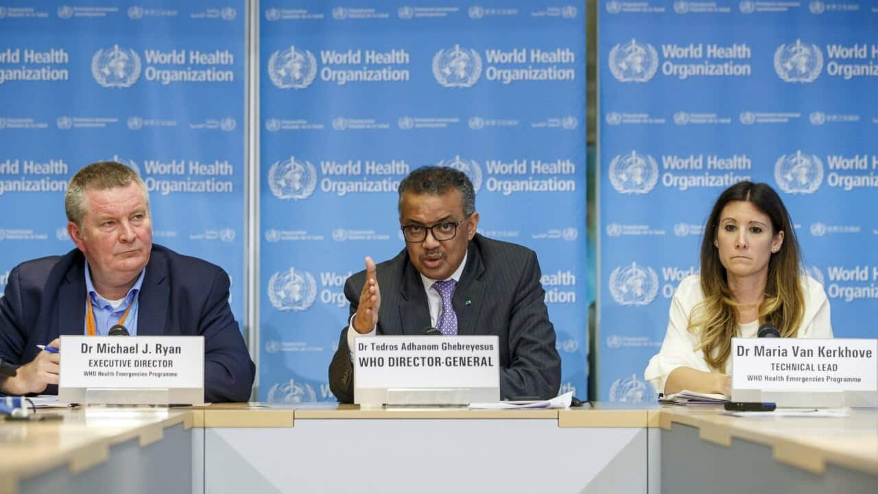 World Health Organization officials Tedros Adhanom Ghebreyesus (centre), Michael Ryan and Maria van Kerkhove.
