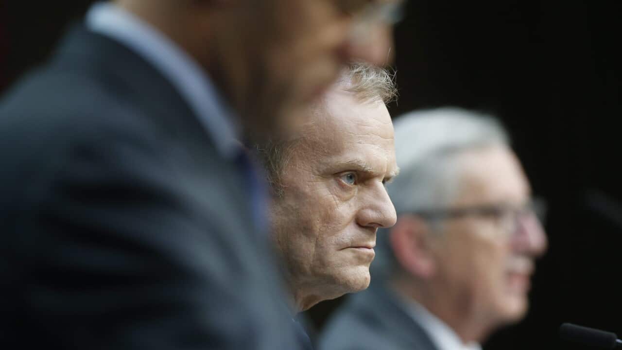Dutch Prime minister Mark Rutte, European Council President Donald Tusk and European Commission President Jean- Claude Juncker