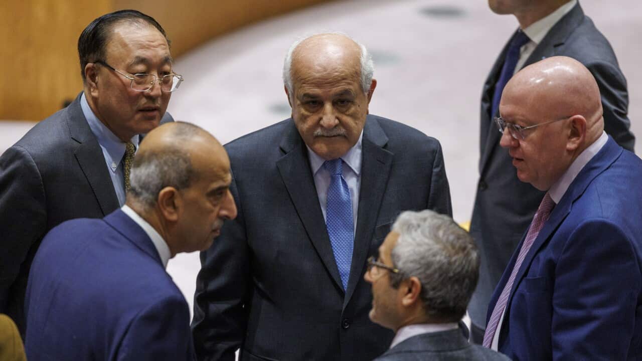 Ambassador of Palestine Riyad Mansour, Ambassador of Russia Vassily Nebenzia, Deputy Permanent Representative of the United Arab Emirates Mohamed Abushahab, Ambassador of Egypt Osama Mahmoud Abdel Khalek Mahmoud and Ambassador to China Zhang Jun (clockwise), talk before reconvening for a security council meeting to vote on a resolution regarding the conflict in the Middle East in New York, New York, USA, 19 December 2023.