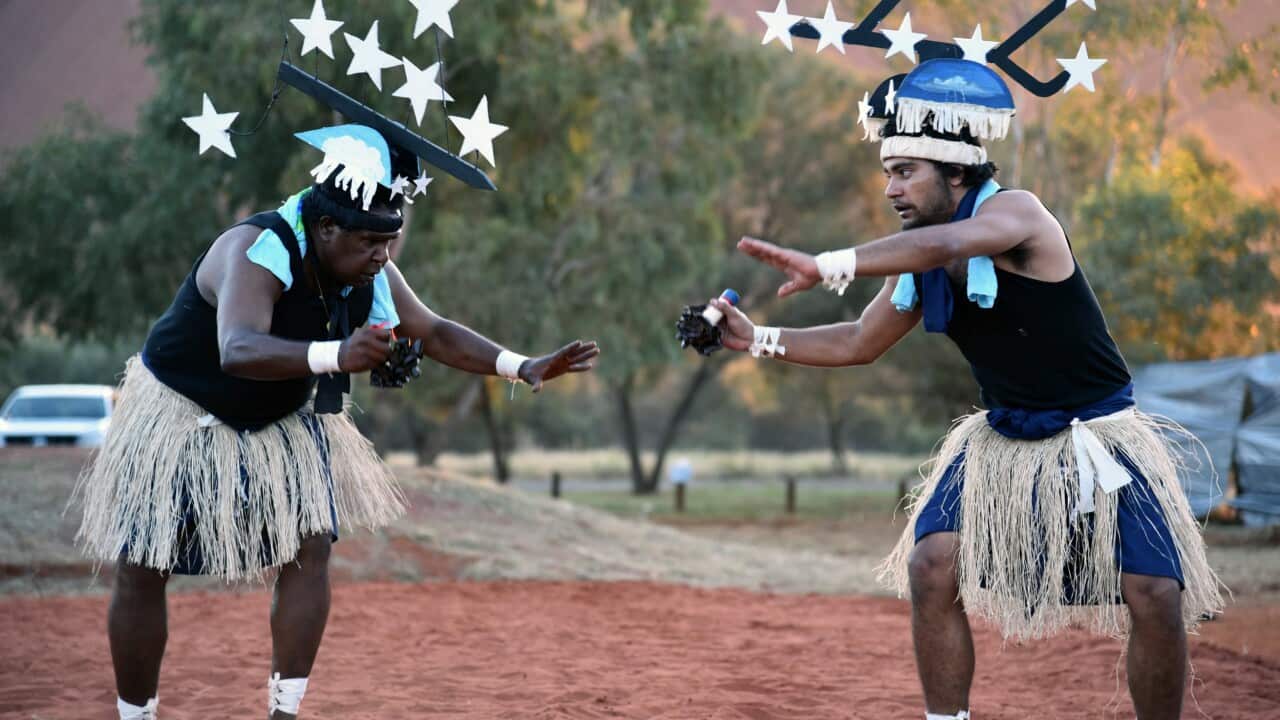 Dancers from Thursday Island in the Torres Strait at the opening ceremony for the National Indigenous Constitutional Convention in Mutitjulu near Uluru 