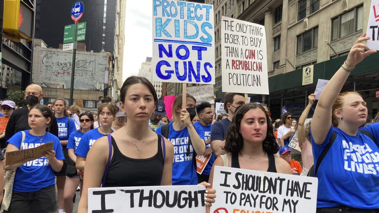 Thousands of protesters in New York calling for stricter gun control on Saturday, June 11, 2022 (AAP)