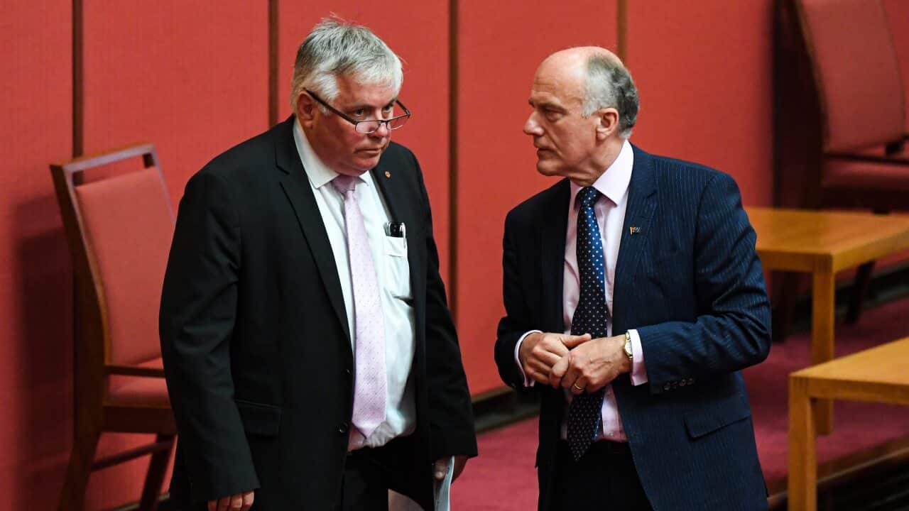 Crossbench Senator Rex Patrick (left) speaks to Liberal Senator Eric Abetz during Senate business at Parliament House in Canberra, Monday, November 30, 2020. (AAP Image/Lukas Coch) NO ARCHIVING
