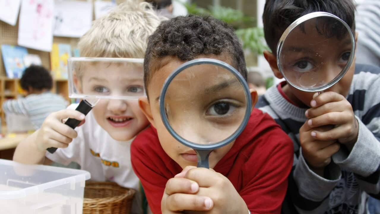 Children in look through magnifying glasses at their day-care centre