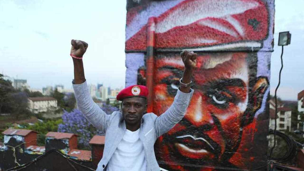 In this photo taken Friday Oct. 12, 2018, Bobi Wine gestures during a visit to Nairobi, Kenya.