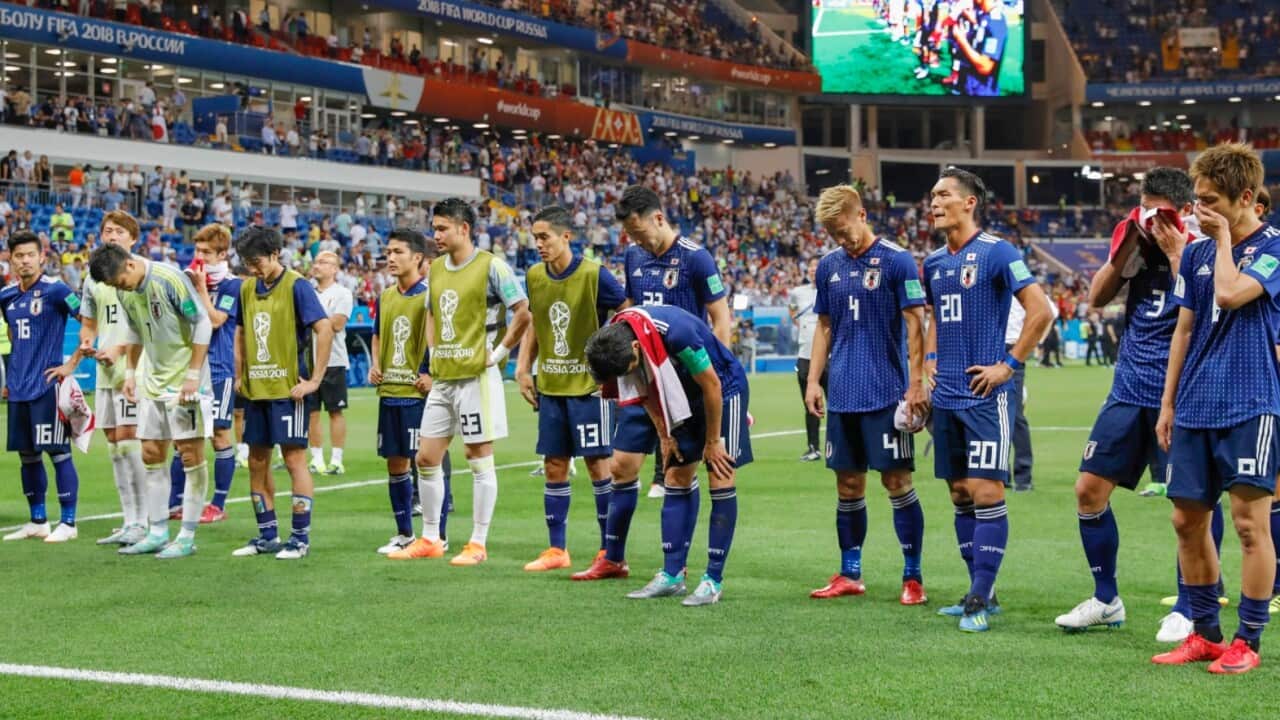 Japan players greet supporters after a 3-2 loss to Belgium in the World Cup round of 16 in Rostov-On-Don, Russia, on July 2, 2018.