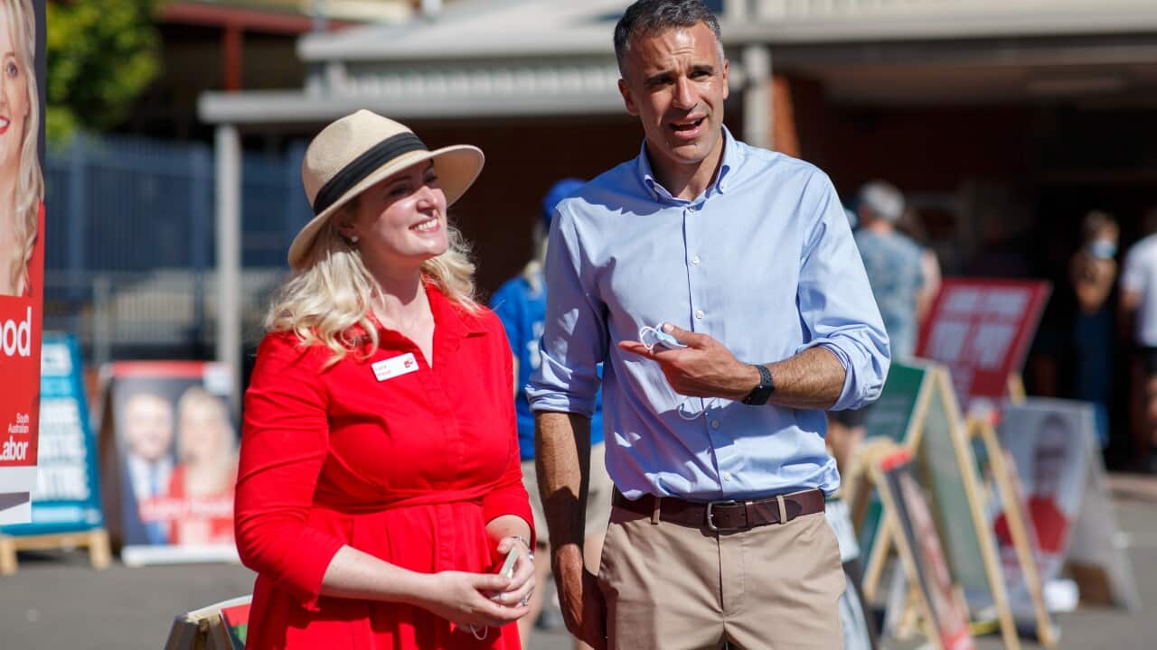 Lucy Hood with SA Labor Leader Peter Malinauskas at a polling booth on election day.