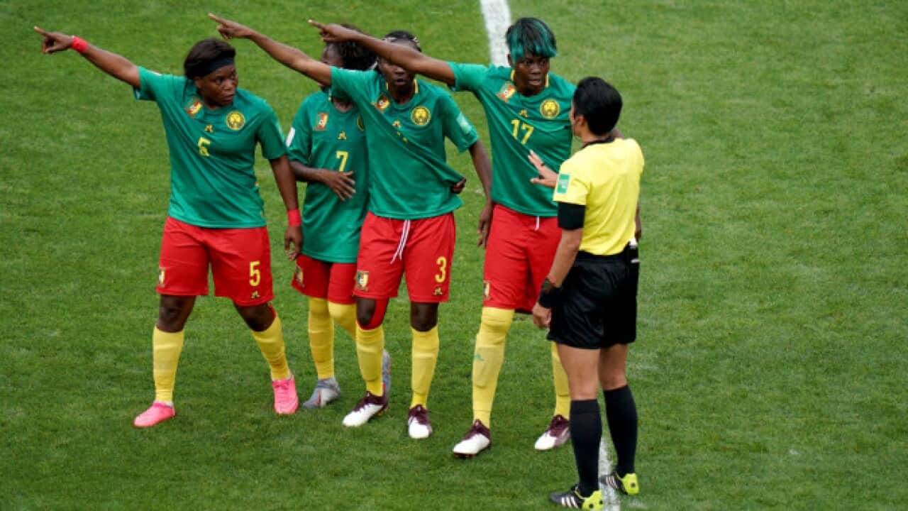 Cameroon players appeal to the match referee after England's second goal during the FIFA Women's World Cup (Getty Images)
