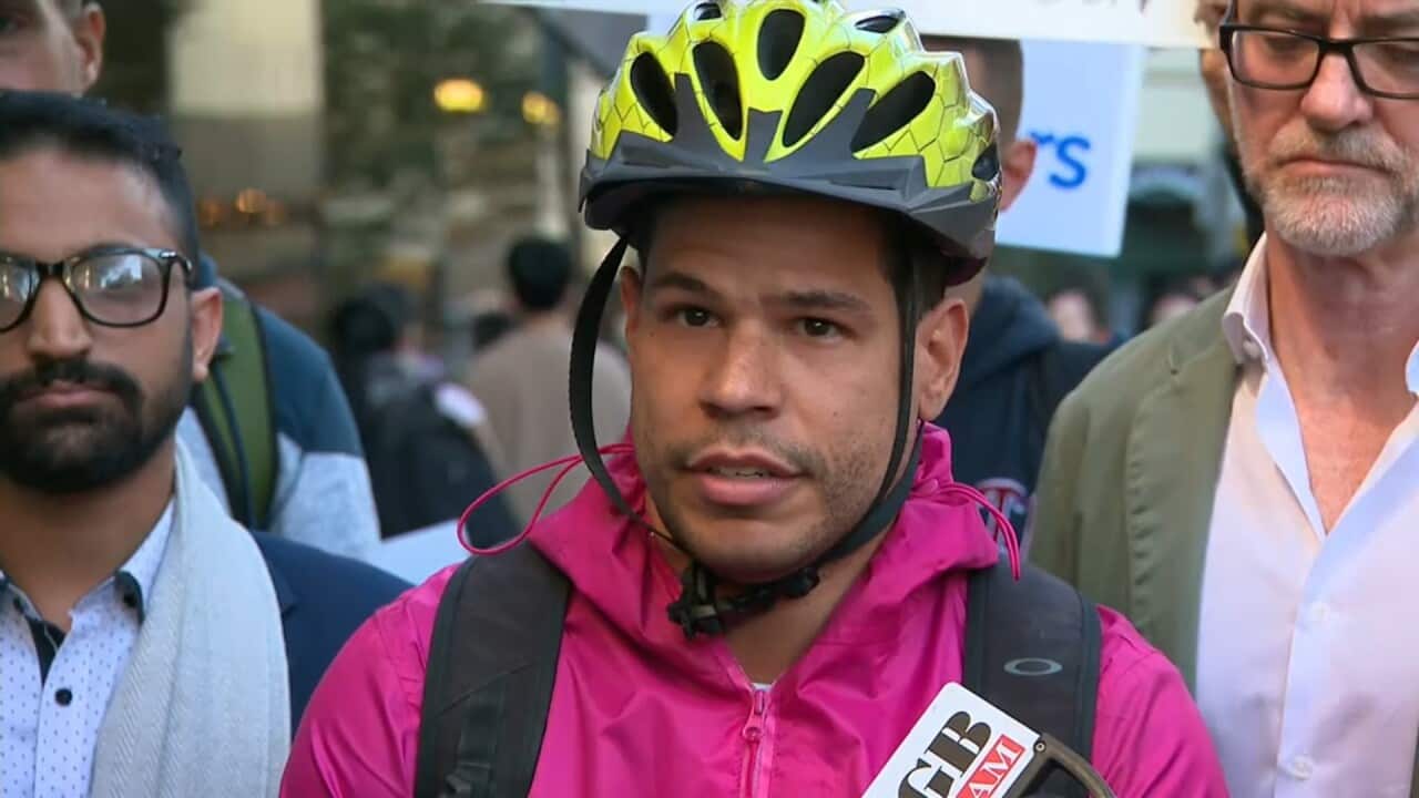 Delivery driver Leo speaking to the media in Sydney