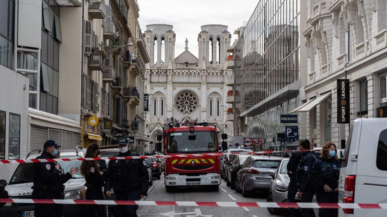 Police outside the Basilica of Notre-Dame de Nice after the knife attack.