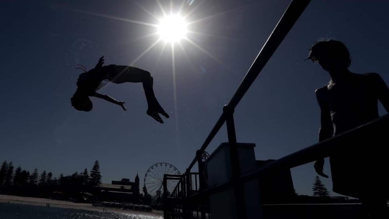 Beachgoers are seen jumping off a jetty.
