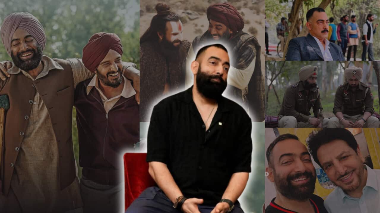 A collage of images of actor Manav Vij, including an image with Jimmy Sheirgill, Saif Ali Khan, Diljit Dosanjh and Gurdas Maan.