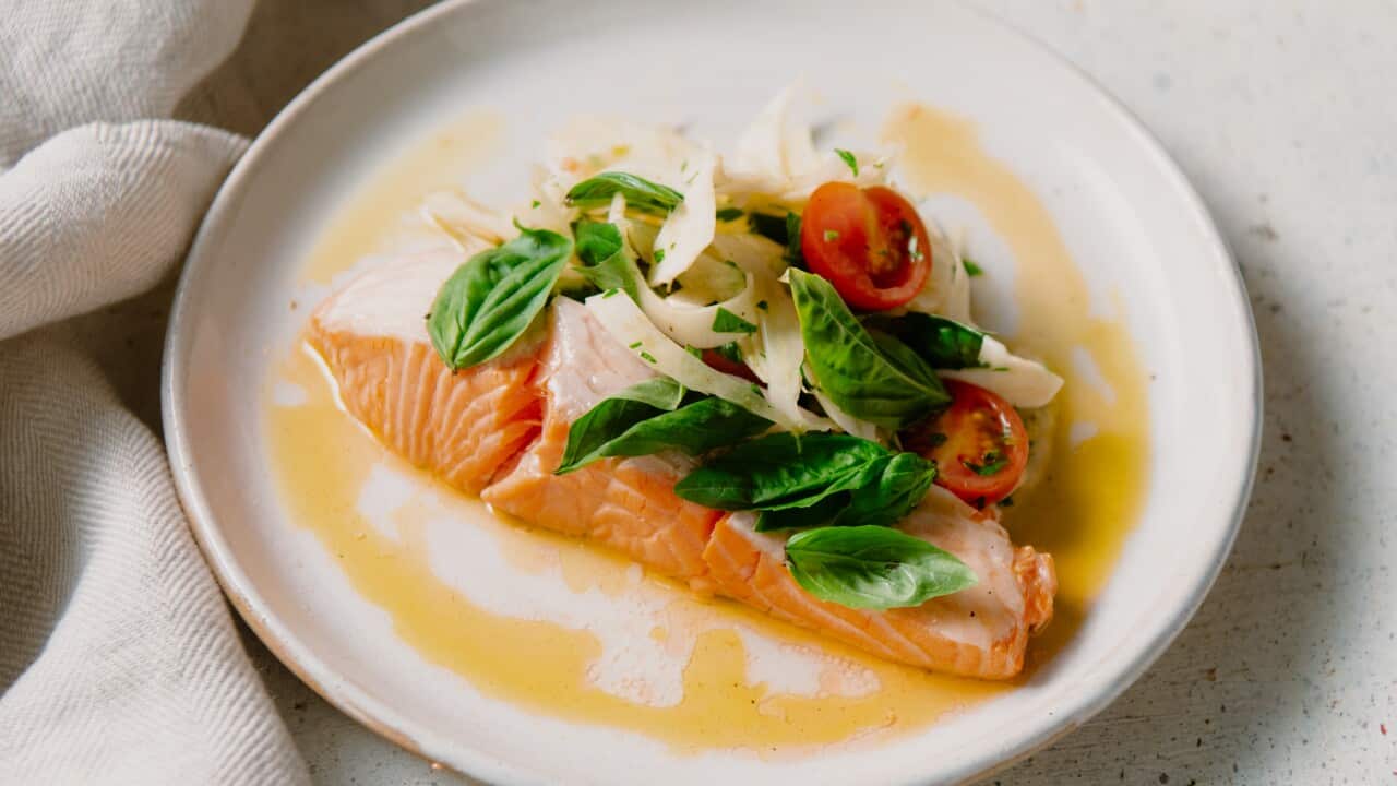 Salmon fillet with pistachio & verjuice vinaigrette