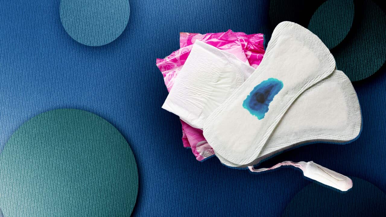 Image of menstrual products with blue saline dye.
