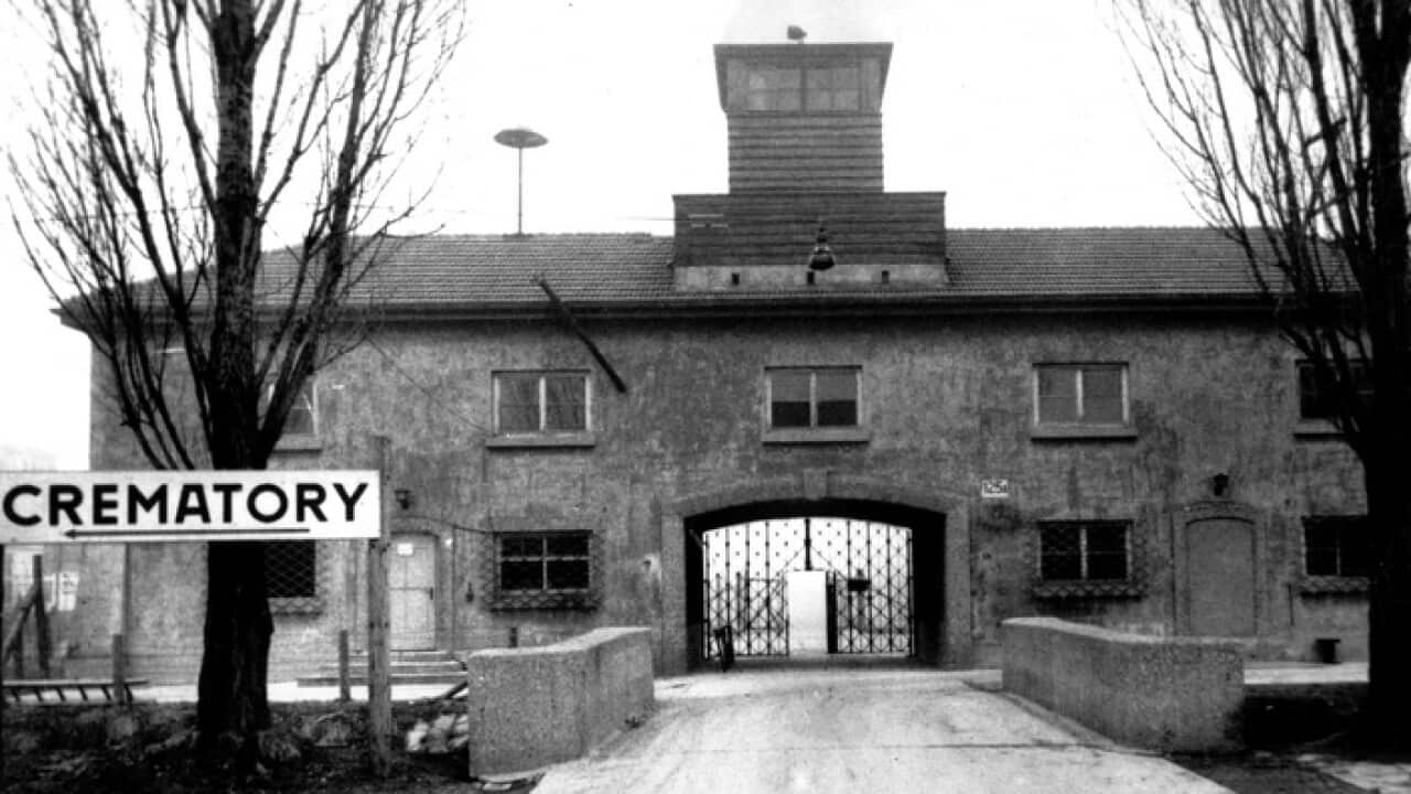 The main entrance of the former Nazi concentration camp in Dachau