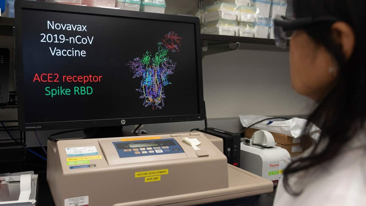 Computer model showing the protein structure of a potential coronavirus, COVID-19, vaccine at Novavax labs
