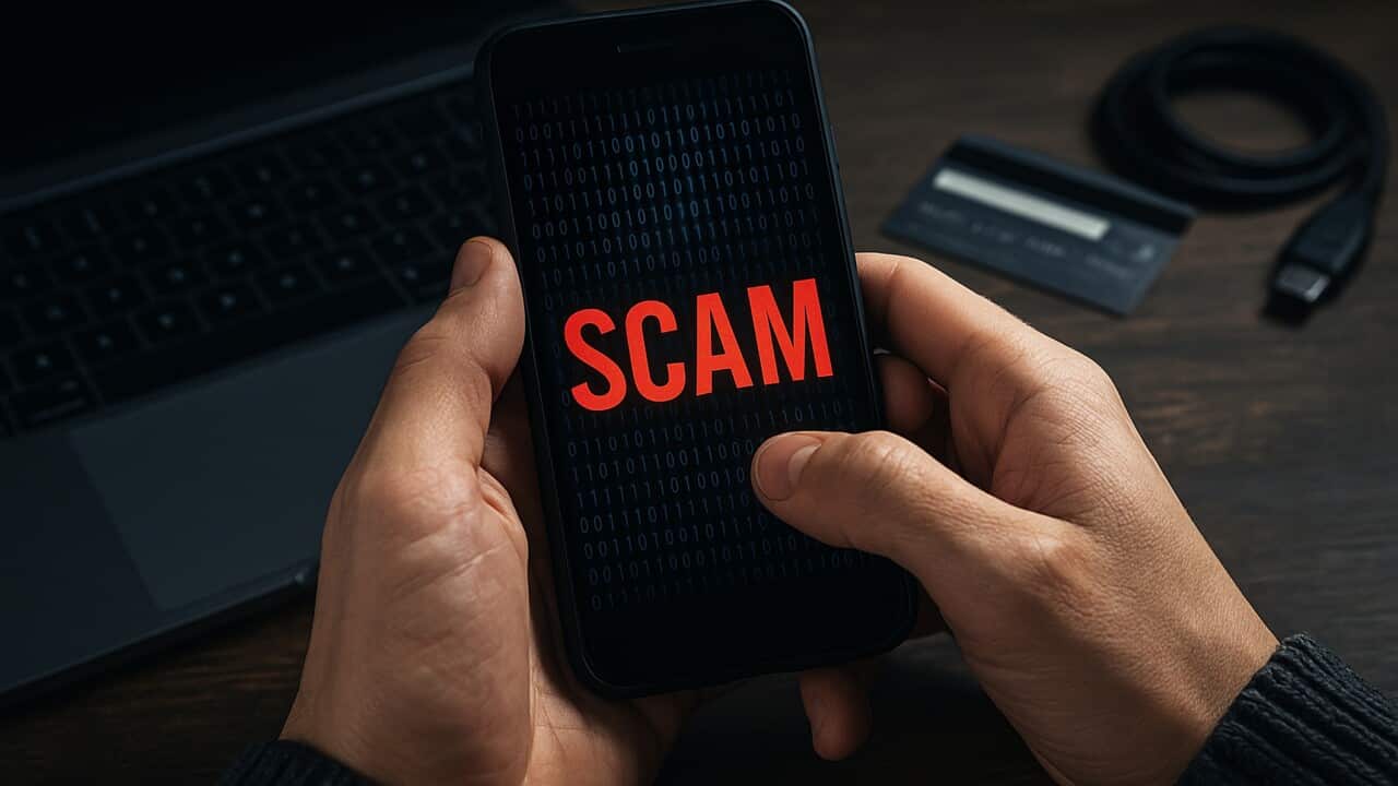 Smartphone Warning Message About Online Scam and Cyber Fraud