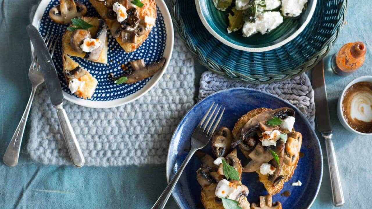 Baked herbed French toast with garlic mushrooms
