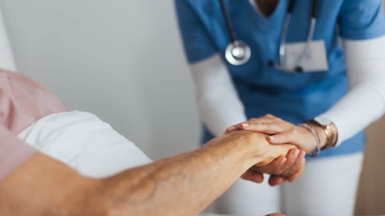 Close-up of caregiver holding senior client hand. Support from nurse to patient, taking care of elderly man in hospital. Emotional support and care in healthcare.