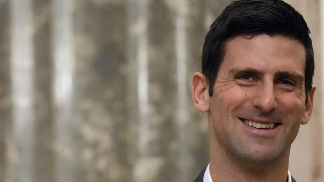 Serbian tennis player Novak Djokovic during talks with Serbia's President Aleksandar Vucic in Belgrade, Serbia, Thursday, Feb. 3, 2022.