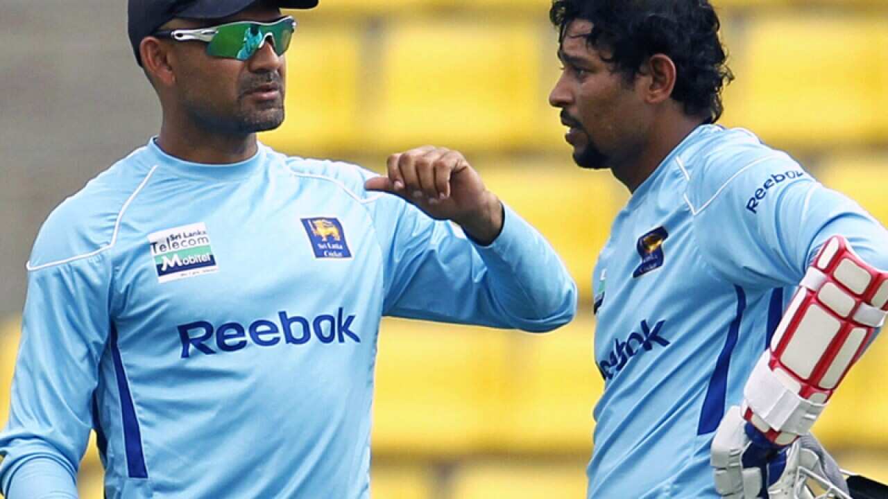 Sri Lanka's bating coach Marvan Atapattu (L) and Tillakaratne Dilshan