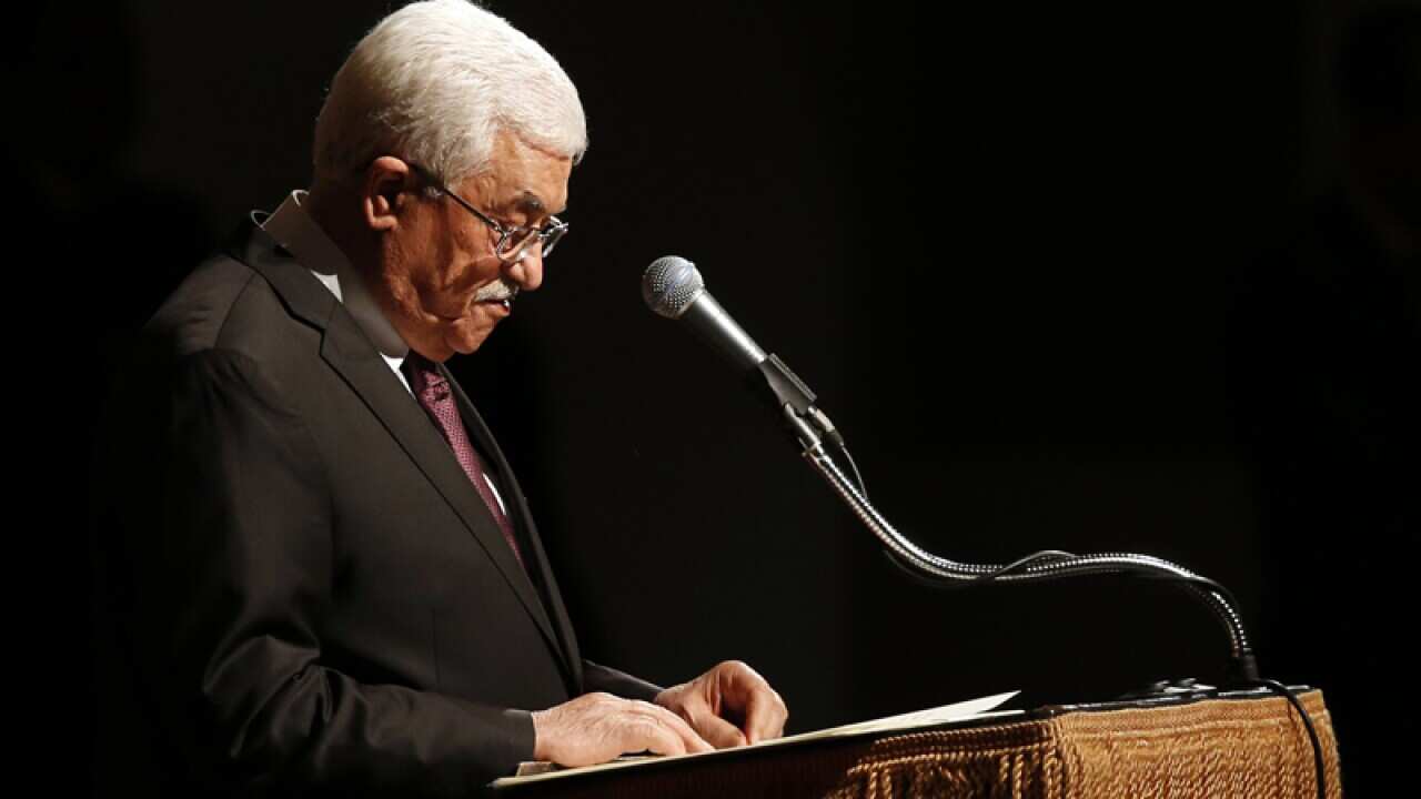 Palestinian President Mahmoud Abbas delivers a speech at Cooper Union
