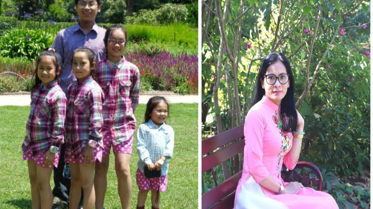 Chị Lâm Anh Đào và 5 đứa con: con trai cả Ngọc Thuận, con gái lớn Hồng Ngọc, Như Ngọc, Bích Ngọc, Doãn Ngọc.