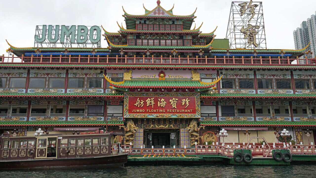 The last Chinese imperial-style Hong Kong Jumbo Floating Restaurant, which has been featured in many local and international movies over the years, is seen in Hong Kong on June 13, 2022. The restaurant has capsized in the South China Sea less than a week