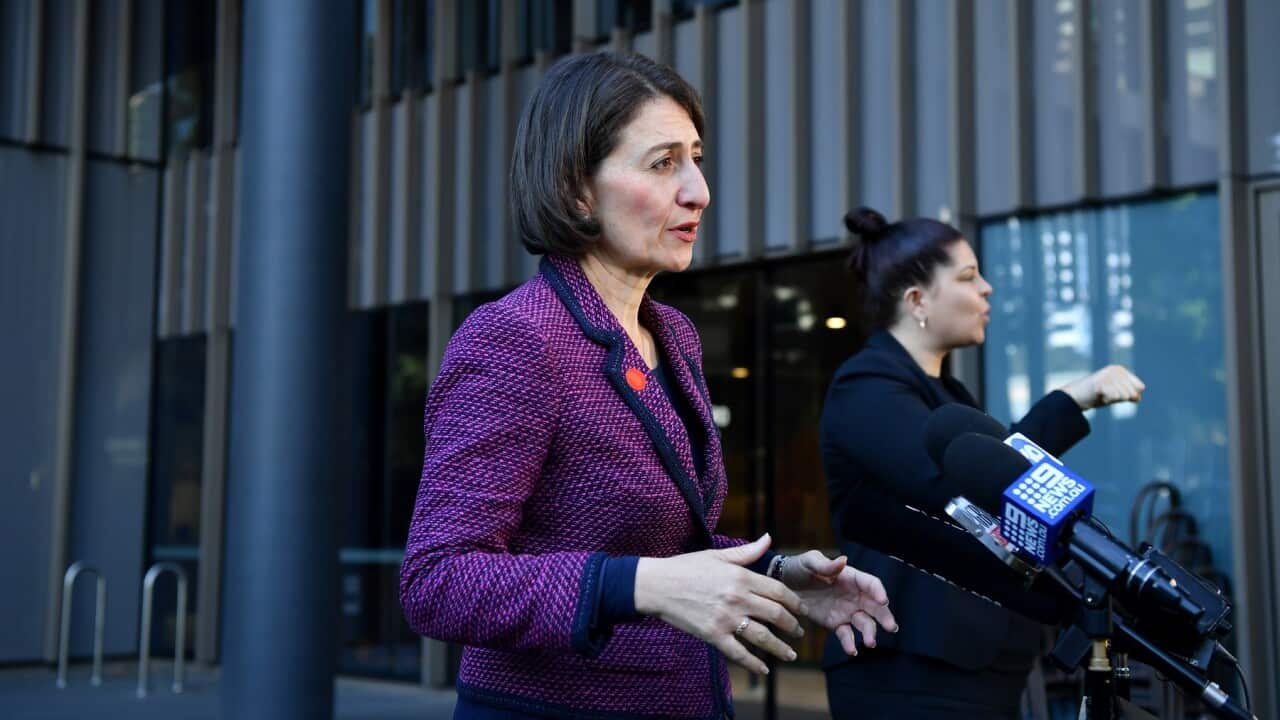 NSW Premier Gladys Berejiklian speaks to the media during a press conference in Sydney, Tuesday, April 14, 2020. (AAP Image/Joel Carrett) NO ARCHIVING