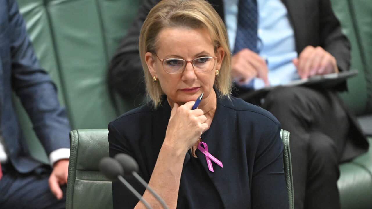 A woman stands with a pensive look on her face in the House of Representatives at Parliament House in Canberra.