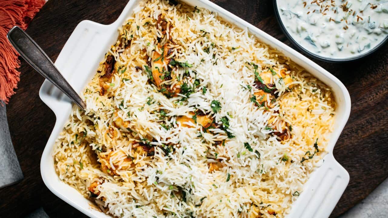 Prawn biryani and sweet yoghurt raita