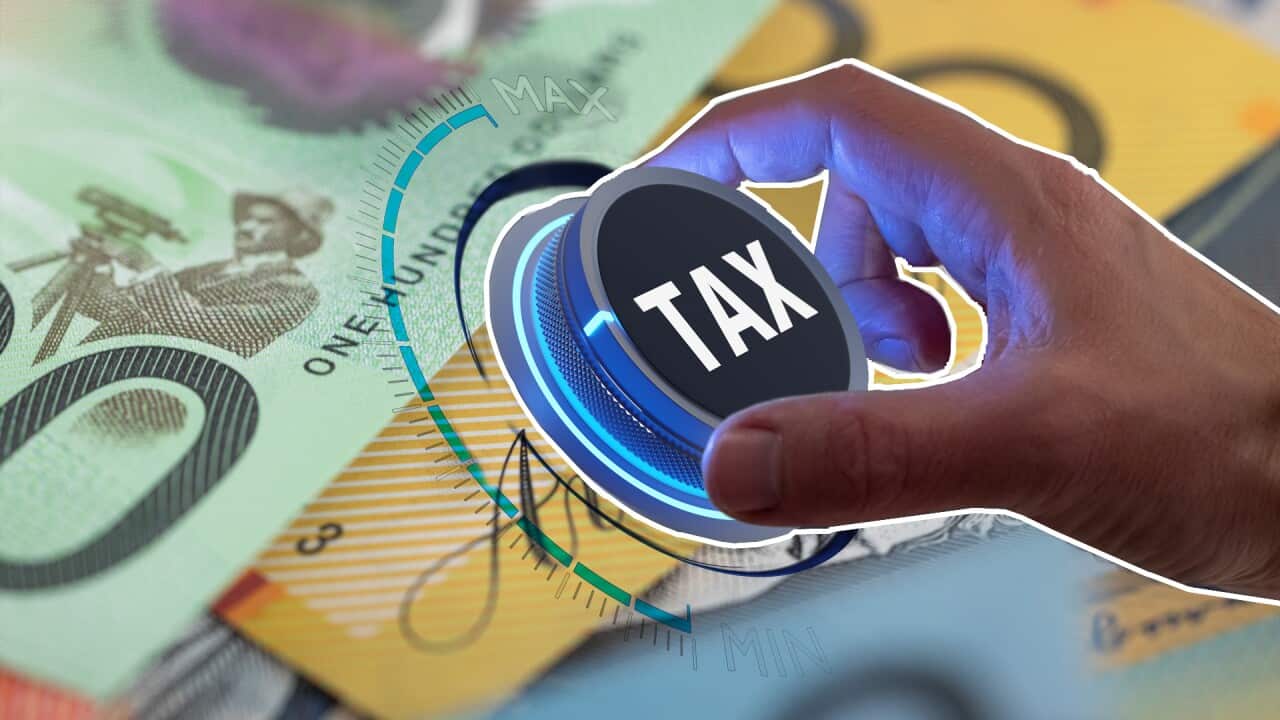 A hand rotates a dial with the label 'tax' on it between 'min' and 'max'