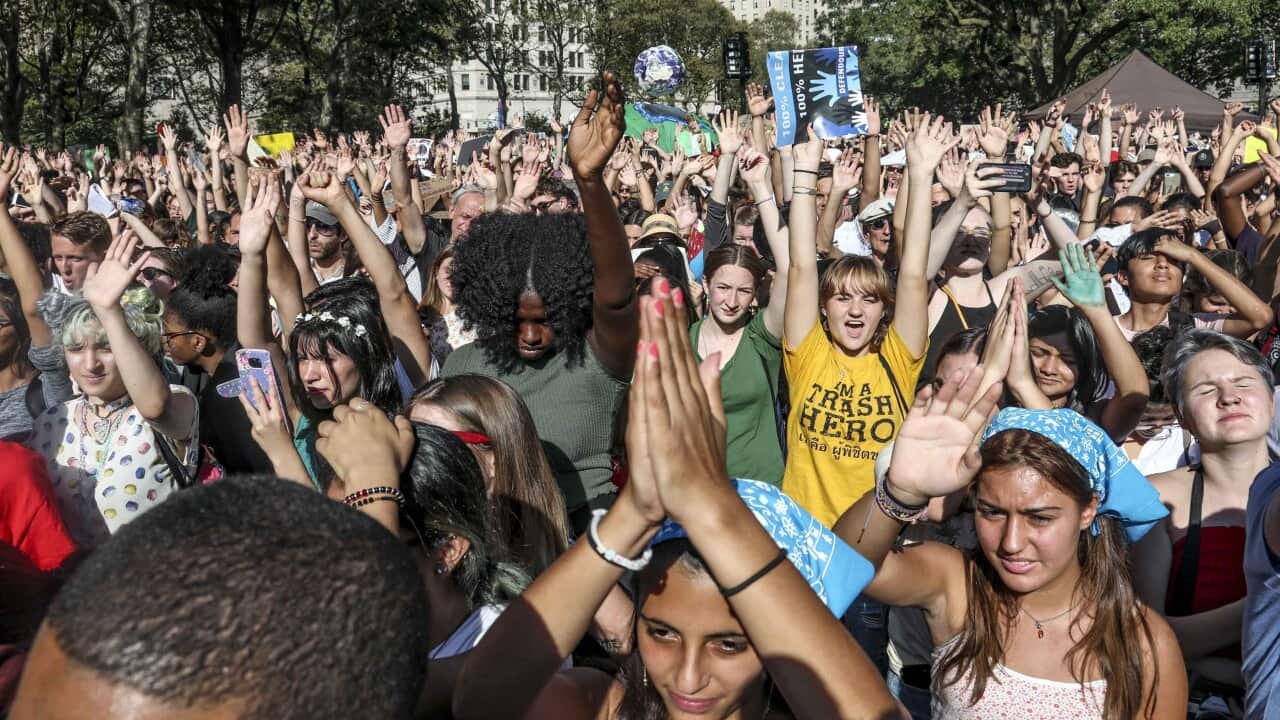 Climate change activists show hands in support of climate action during a climate strike rally, as part of a global youth-led day of global action, Friday Sept. 20, 2019, in New York. (AP Photo/Bebeto Matthews)