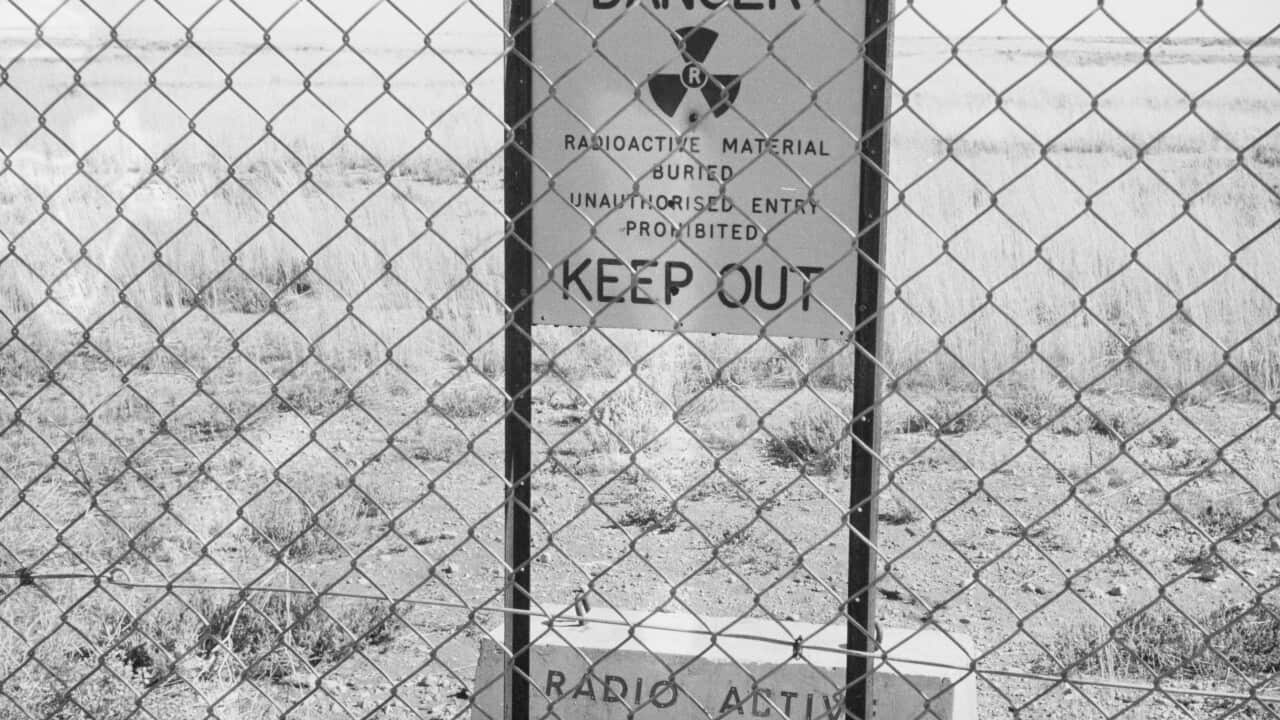 A radioactive warning sign Maralinga village in South Australia in 1952. (AAP Image/National Archives of Australia)