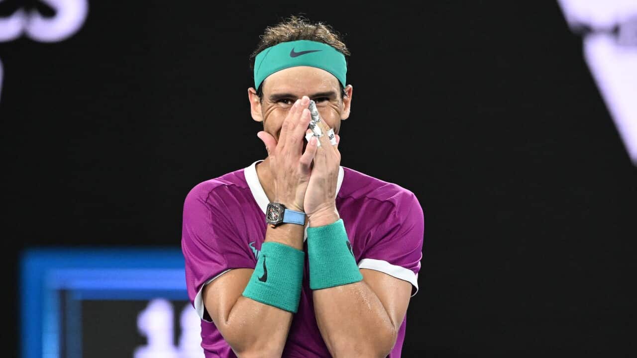 Rafael Nadal of Spain celebrates after defeating Daniil Medveded of Russia in the mens singles final of the Australian Open in Melbourne, January 30, 2022.
