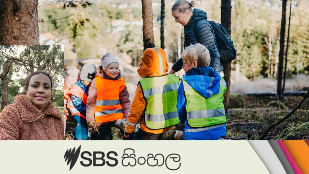 Playschool teacher with children in forest