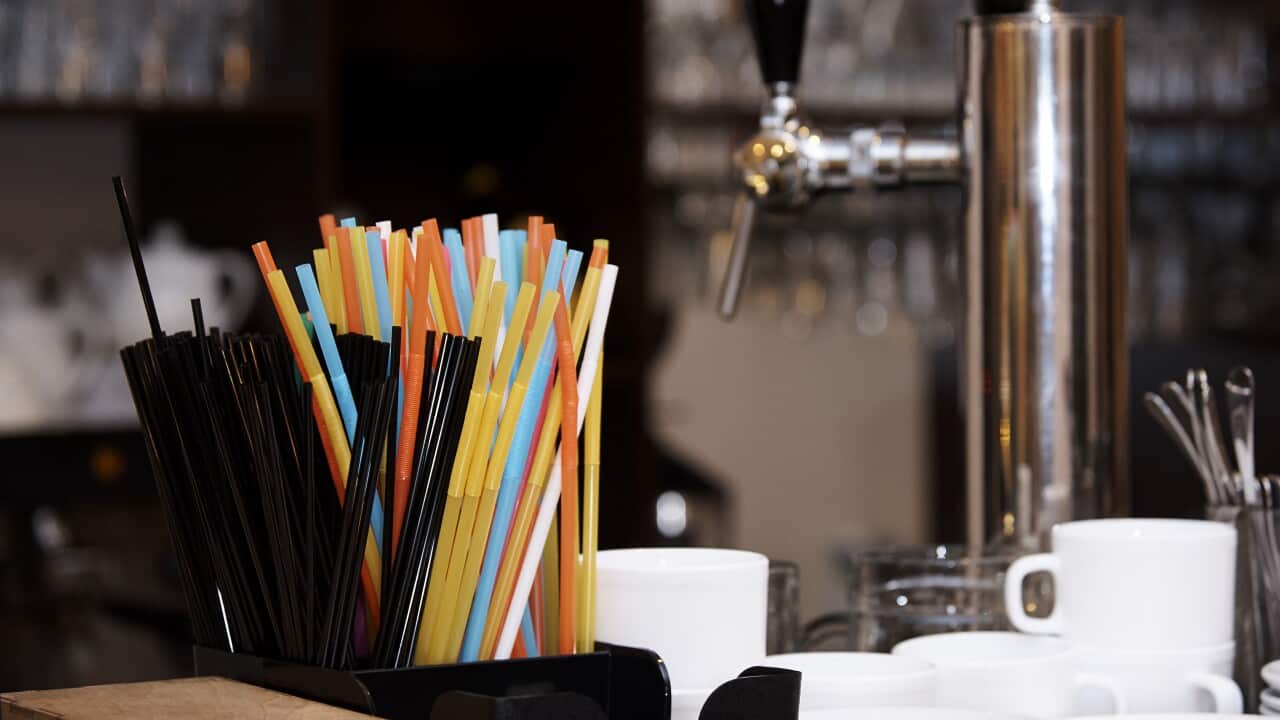 Bright multicolored straws on a bar.