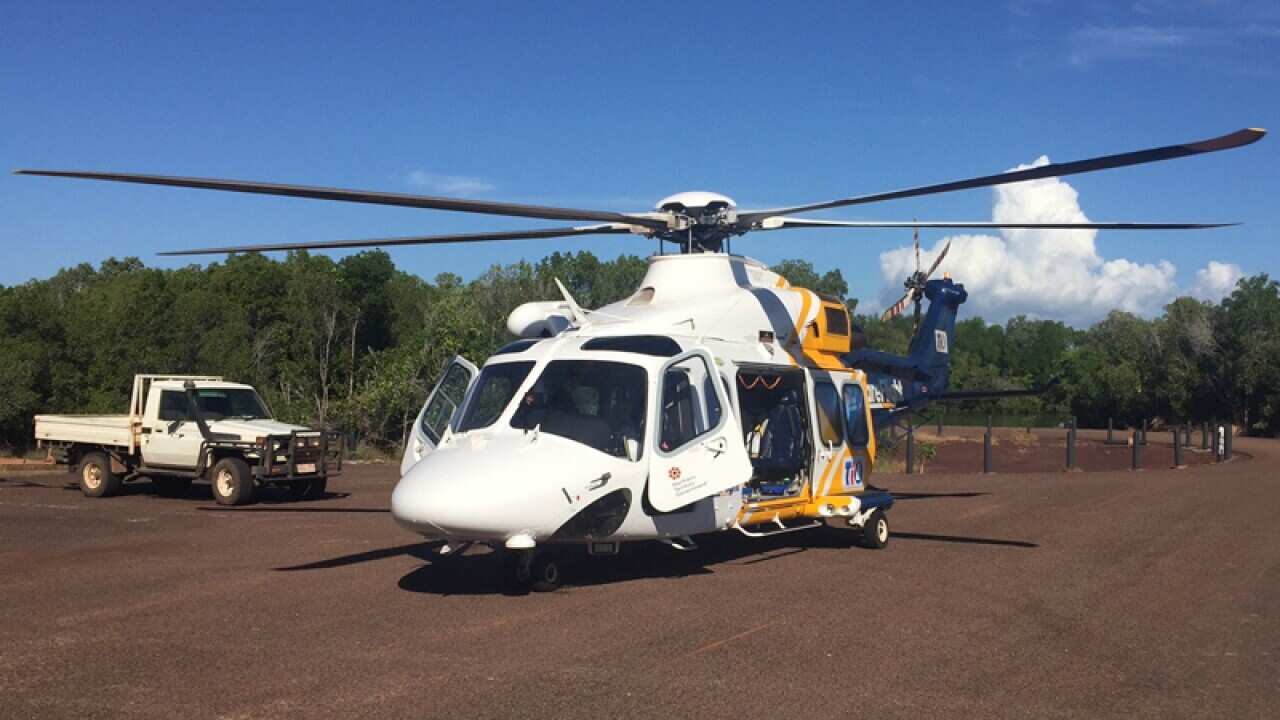 A CareFlight helicopter at the Leaders Creek boat ramp