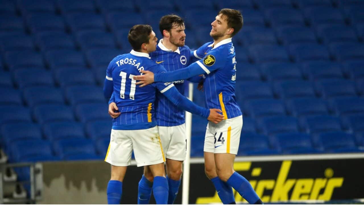Brighton and Hove Albion players celebrate a goal