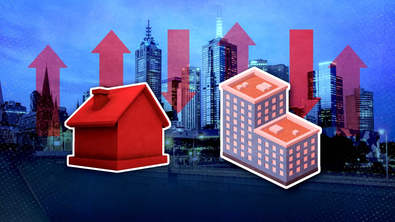 Melbourne skyline with a house and an apartment block